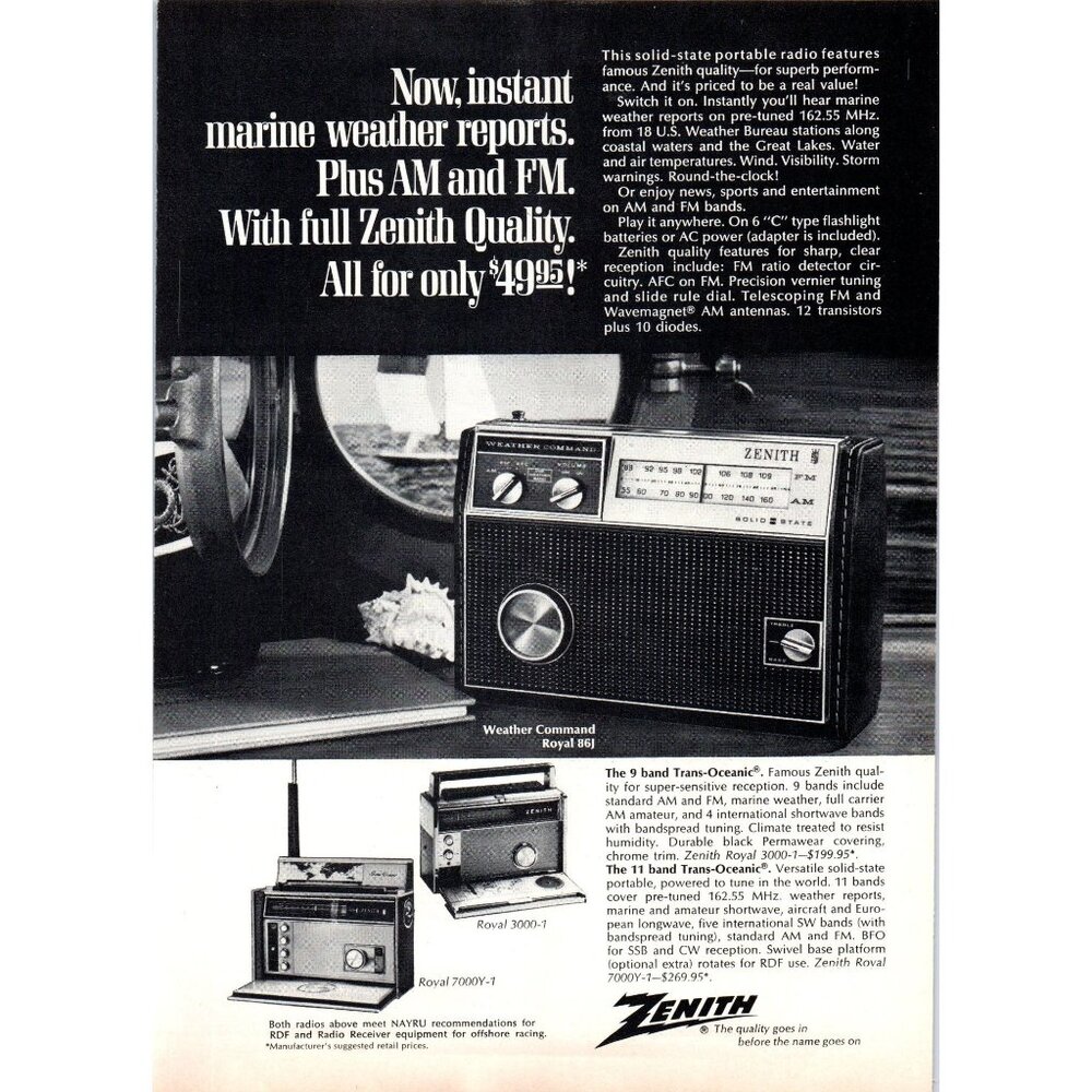 1971 Zenith Weather Command Royal 86J Radio Vintage Print Ad 70s Tech Wall Art